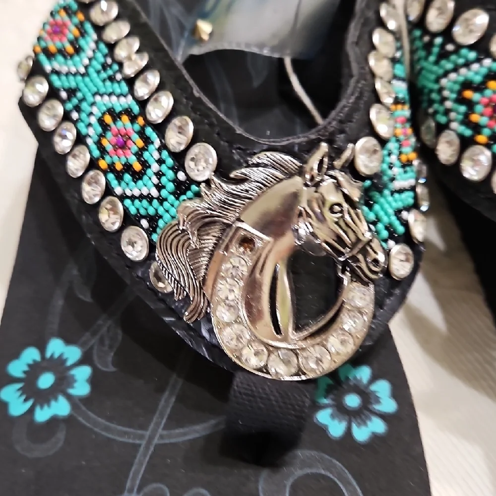 Montana West Black and Turquoise Beaded Sandals - Picture 5 of 6